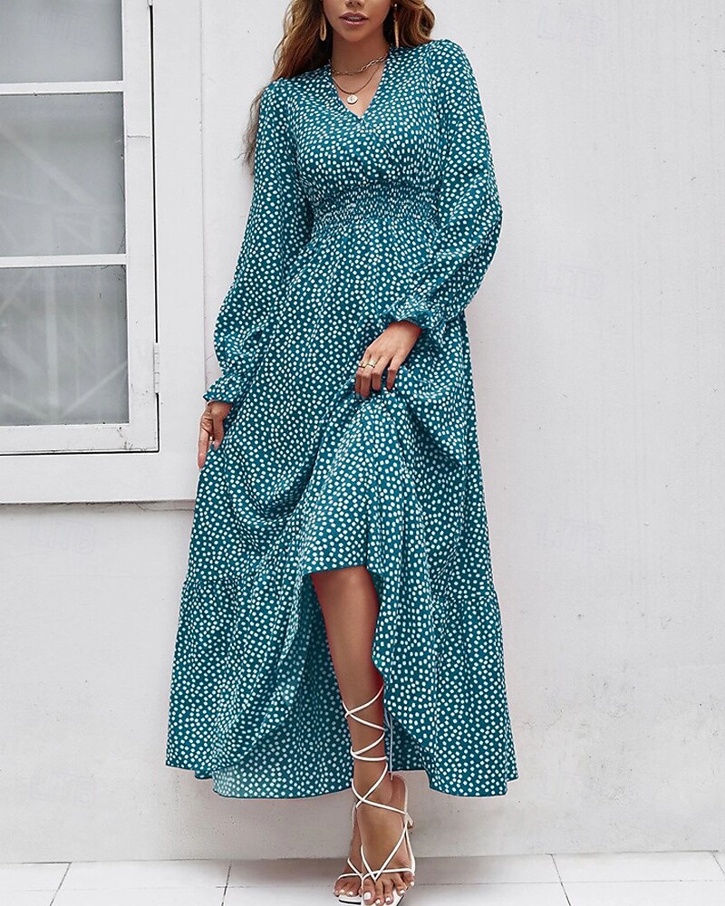 Damen Langes Kleid Maxikleid Freizeitkleid Druckkleid Mode Modern Täglich Strand Wochenende Normale Passform Blume Langarm V Ausschnitt Schwarz Rote Blau Grün Sommer Frühling Herbst 2025 - $23.99 –P1