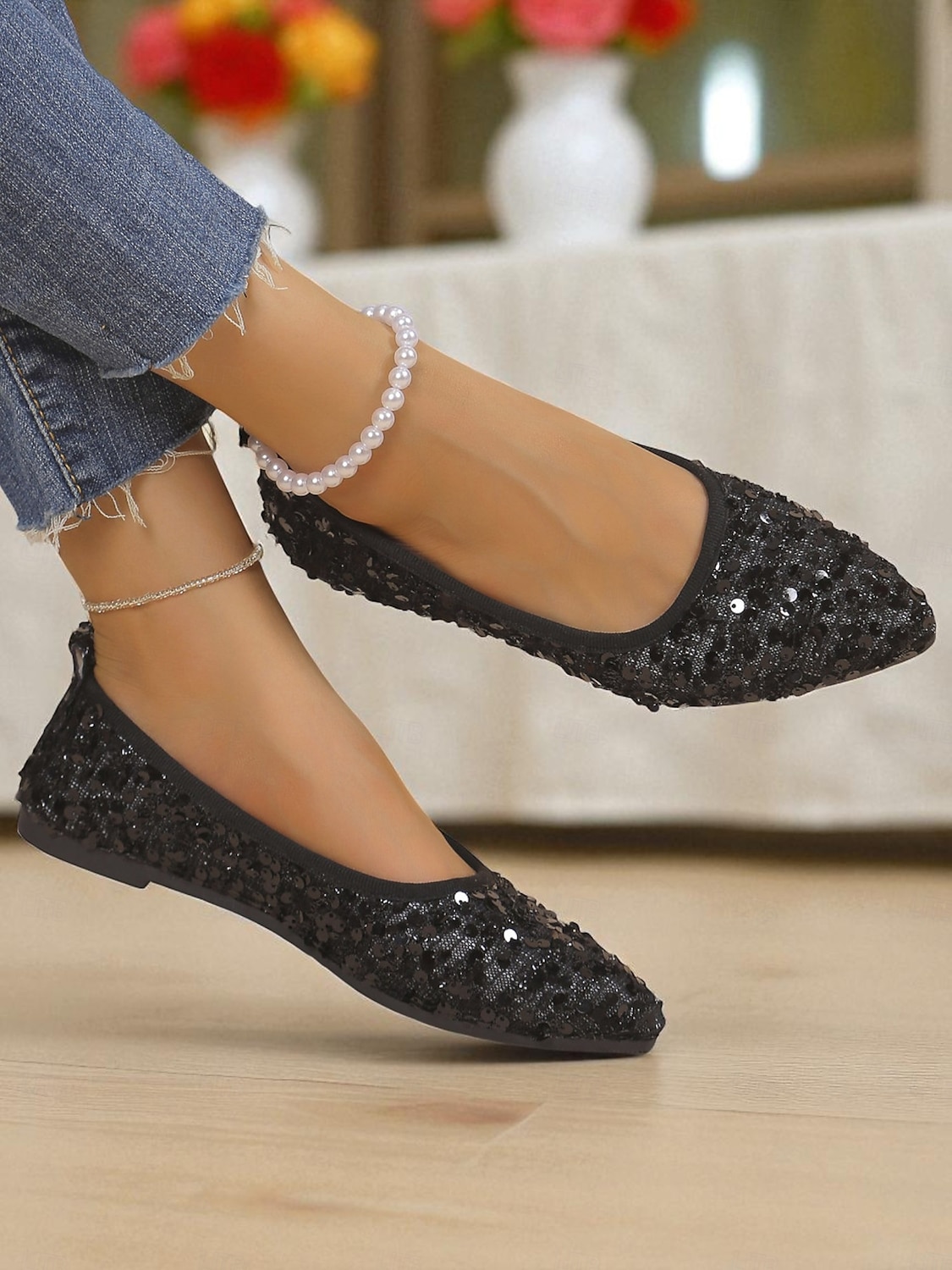 Ballerines à bout pointu et paillettes noires pour femmes - élégantes chaussures de soirée à enfiler pour une marche confortable, idéales pour les mariages, les soirées et les tenues de vacances de 2025 ? $19.99 –P4