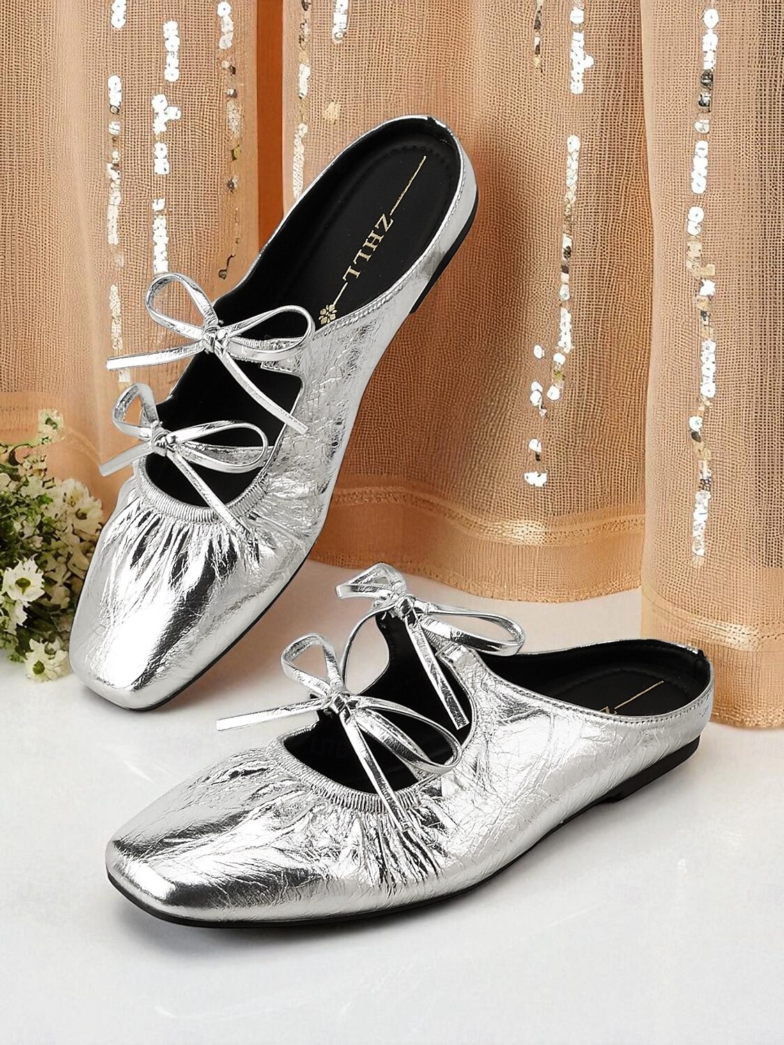Mules slip-on da donna con fiocco in argento metallizzato - scarpe basse in similpelle stropicciata, punta quadrata, per outfit da sera e per feste notturne del 2025 a $42.99 –P3