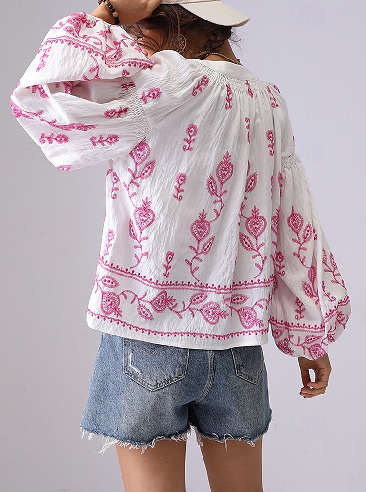 Női Ing Virágos Elegáns Csehország Szüret Hosszú ujj Lámpás hüvely V-alakú Crop Tops Napi Szabadság Alkalmi Hímzett Törtfehér hímzett szilvapiros-FEHÉR 2# sárgabarack hímzés világoszöld-sárgabarack 2025 - $54.99 –P4