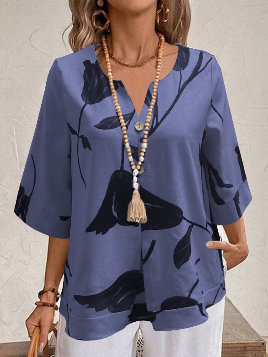 Femmes Chemise Fleuri Élégant Moderne Manche 3/4 Col en V Hauts Réguliers Quotidien Fête Imprimé Blanche Jaune Rouge Violet Bleu clair Été de 2025 ? $23.99 –P5