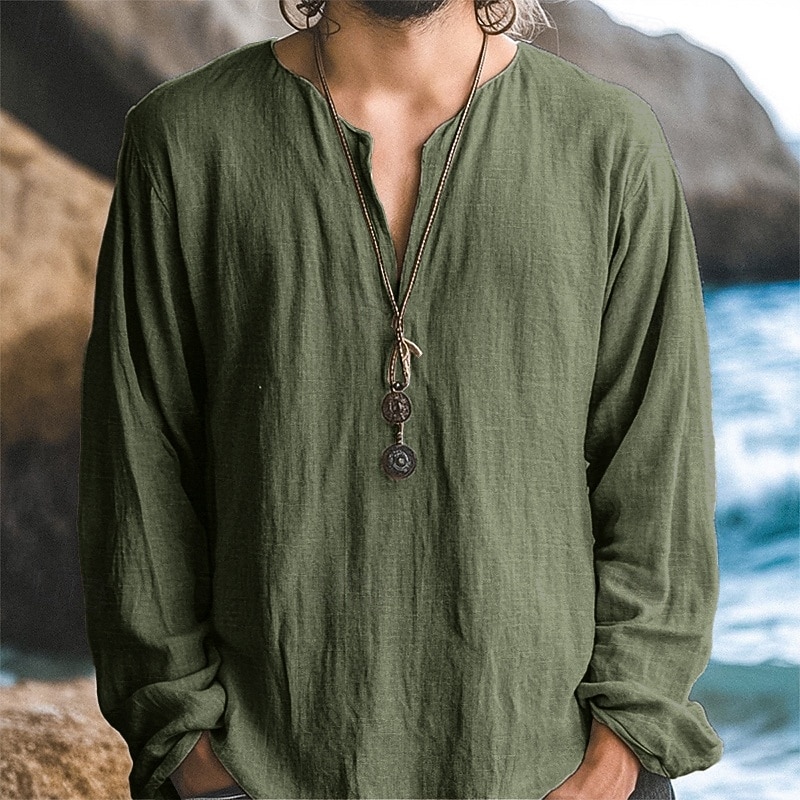 Voor heren Overhemd Linnen overhemd Zomer overhemd Strand hemd Effen Kleur Vakantie Casual Zwart Wit Groen Khaki Lange mouw V-hals Alle seizoenen Kleding Standaard 2026 - $7.99 –P9
