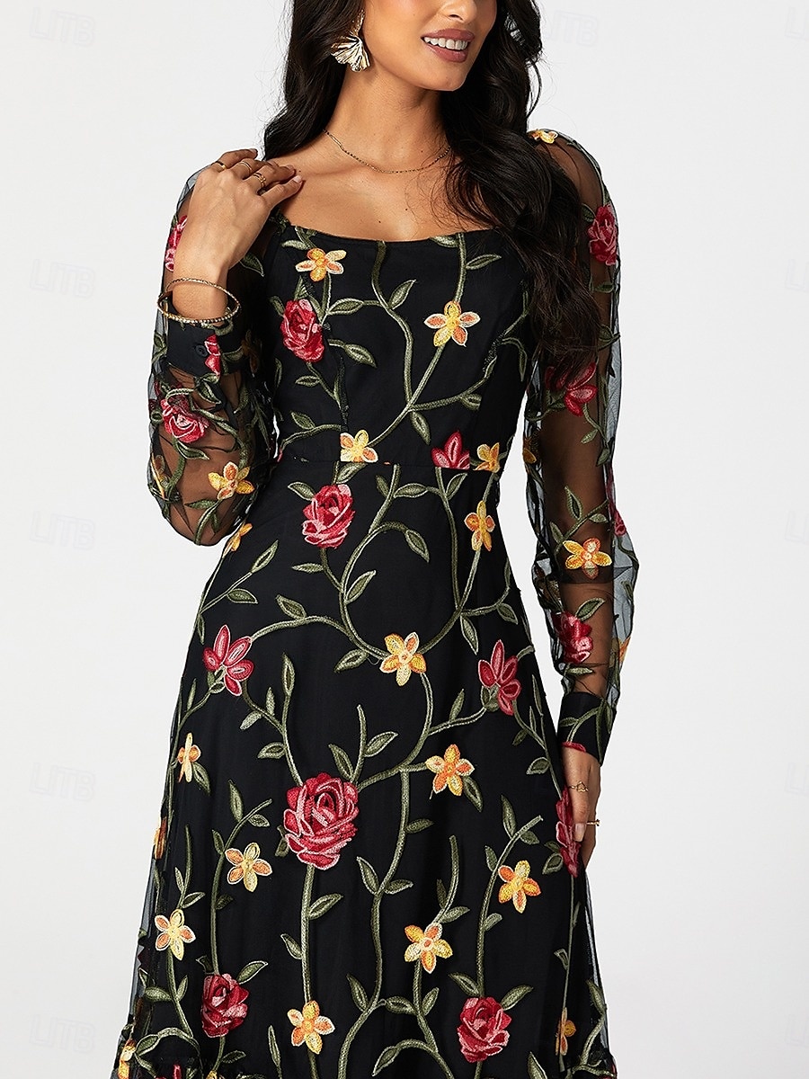 A-Linie Brautmutterkleid Elegant Schwarzes Kleid Durchsichtig Quadrathals Knöchellänge Tüll Langarm mit Rüschen Stickerei 2025 2025 - $119.99 –P5