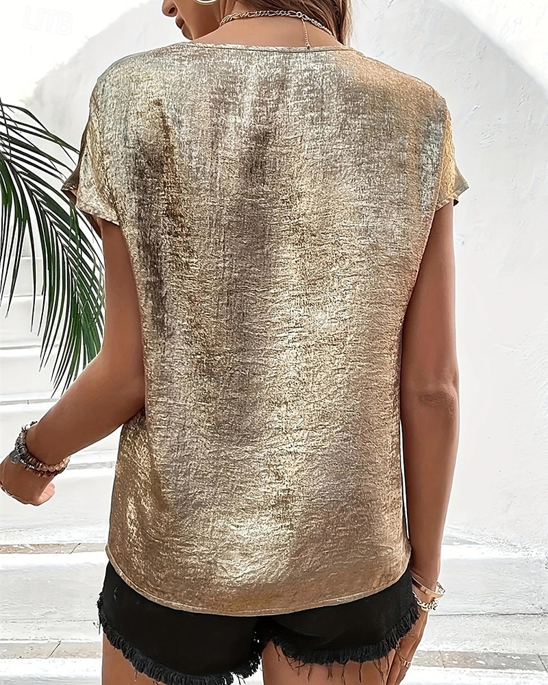 Γυναικεία Κομψή Φιλάρεσκος Πούλιες Λαμπερό Πούλιες Κουρελού Σκέτο Μοντέρνα Κοντομάνικο Λαιμόκοψη V Κανονικά μπλουζάκια Καθημερινά Χρυσό Καλοκαίρι 2026 - $27.99 –P4