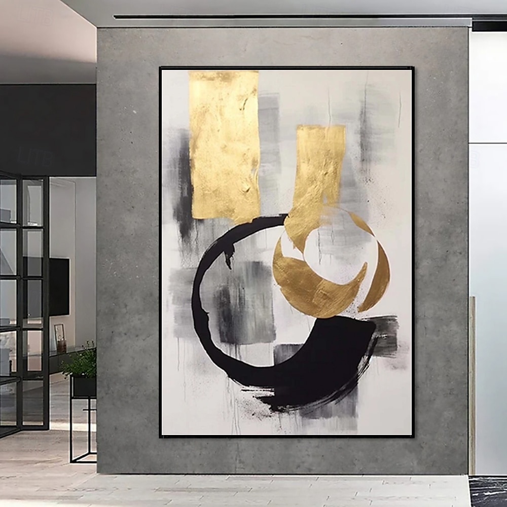 handgefertigtes Ölgemälde auf Leinwand, Wandkunst, Dekoration, schwarz-weiß, schlicht, abstrakt, Goldfolien-Applikation für Heimdekoration, gespannter Rahmen, hängendes Gemälde/gerolltes rahmenloses, 2025 - $54.99 –P3