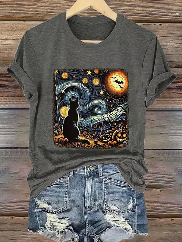Halloween Femmes T-shirt Graphique Crâne Chat ancien Élégant Classique Manche Courte Col ras du cou Col rond Hauts Réguliers Quotidien Week-end Imprimé Noir Blanche Bleu Orange Gris Été Automne de 2025 ? $19.99 –P5