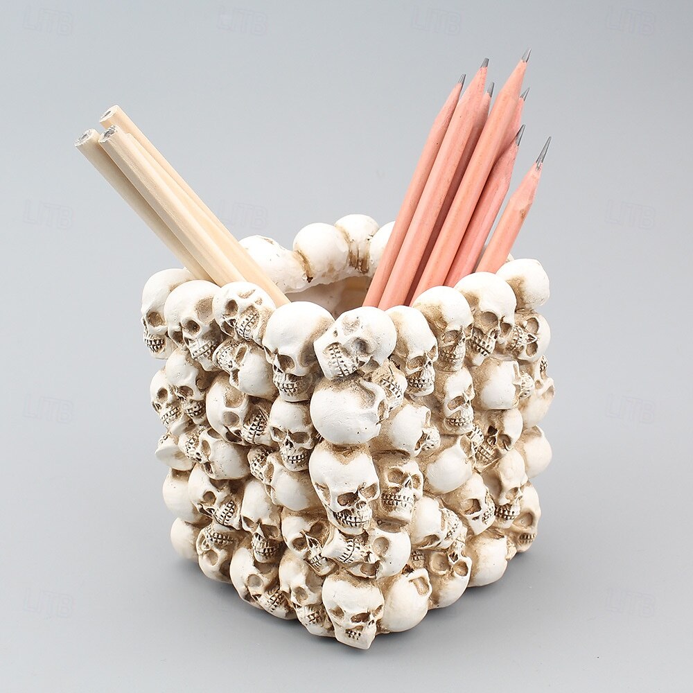 Halloween Skull Ornament Square Skeleton Head Pen Holder Desktop Organizer Resin Mini Flower Pot Gothic Style Decorative Home Accessory for Office or Study Desk Display 2025 - $19.49 –P5