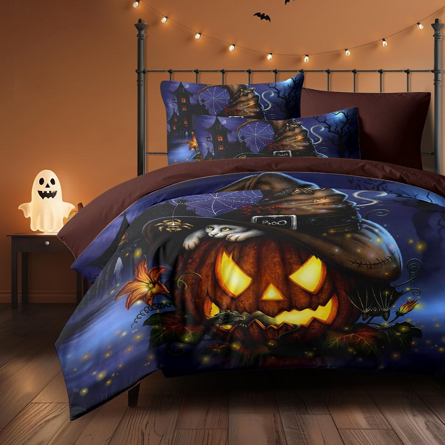 Παπλωματοθήκη για το Halloween, μια τρομακτική νυχτερινή εκδοχή από την Sarah Richter. Σετ κλινοσκεπασμάτων 3 τεμαχίων με φερμουάρ, απαλό και ελαφρύ, διακόσμηση υπνοδωματίου για τις γιορτές. 2025 - $41.99 –P5
