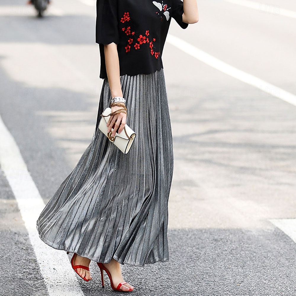 Femmes Jupe Mode Occasionnel Maxi Taille haute Jupes Uni Plissé Micro-Élastique Décontracté Quotidien Week-end Argent Noir Dorée Rouge Été Polyester de 2025 ? $19.99 –P8