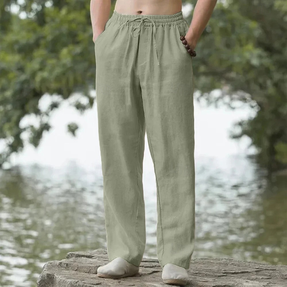 Homens Calças de linho Calças Calça verão Calças largas Cintura elástica Com Cordão Perna reta Tecido Conforto Respirável Comprimento total Ao ar livre Casual Diário Moda Estilo Clássico Preto Branco de 2025 por $20.99 –P8