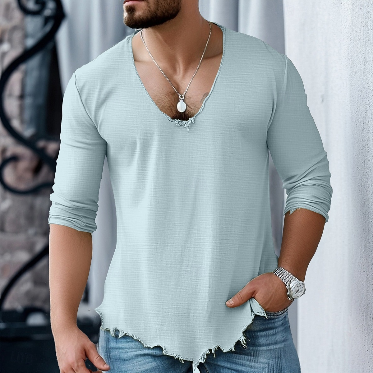 Herren Baumwoll-Leinen-Hemd T-Shirt Langarmshirt Langarm V Ausschnitt Sommer Frühling Einfarbig Täglich Lässig Trendy V-Ausschnitt Outdoor Straße Lässig Weiß Rosa Blau Top T-Shirt für Herren 2025 - $20.99 –P6