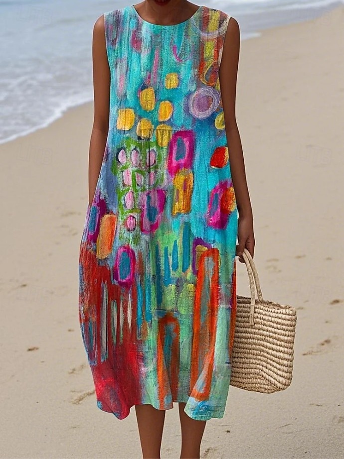 Dames Halflange jurk Zonnejurk Vakantie Casual Boho Feest Strand Ruim Passend Geometrisch Mouwloos Ronde hals Blozend Roze Rood blauw Oranje Zomer Lente 2025 - $35.99 –P5
