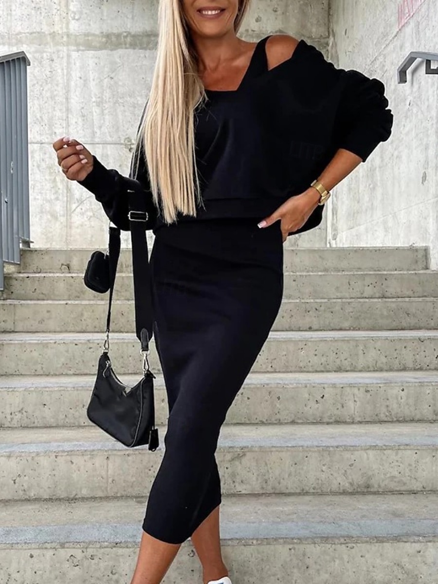 Femmes Robe Ensemble Robe fourreau Occasionnel Uni Froncé Robe Midi manche longue À capuche Extérieur Quotidien Noir Chameau Café Été Printemps Coupe régulière de 2025 ? $32.99 –P8