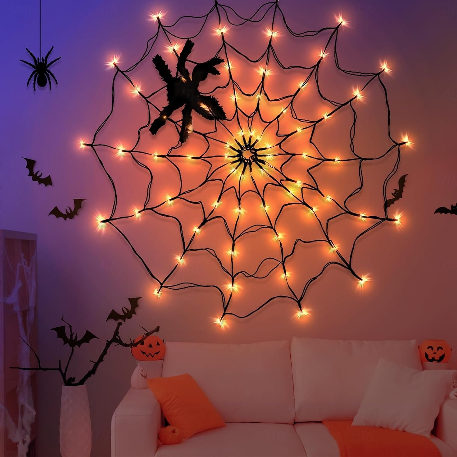 1 τεμάχιο διάμετρος 1m 70 χάντρες led για το Halloween με ιστό αράχνης, ανοιχτό μωβ πορτοκαλί, ζεστό φως, κουτί μπαταρίας usb, τροφοδοτικό, τηλεχειριστήριο, εσωτερικός και εξωτερικός χώρος, πάρτι, 2025 - $20.99 –P11