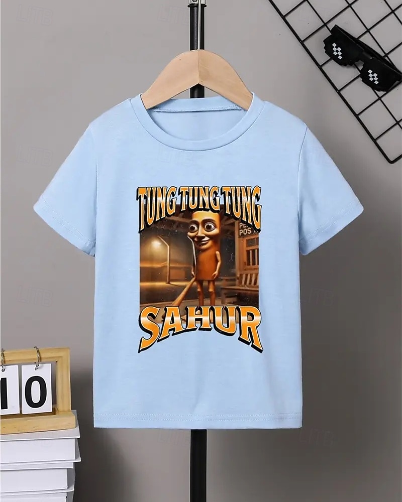 Boys' Blue T-Shirt with Cartoon Character Print - Tung Tung Tung Sahur Design Short Sleeve Summer Spring Fashion Basic Kids 4-12 Years Crew Neck Outdoor Casual Daily Regular Fit 2026 - $11.99 –P4