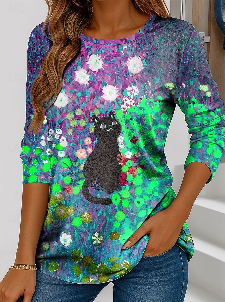 Pentru femei Tricou Floral Grafic Pisica Epocă Stilat Clasic Manșon Lung Stil Nautic Topuri obișnuite Zilnic Sfârșit de săptămână Imprimeu Roz Îmbujorat Portocaliu Trifoi Primăvară Toamnă 2025 - $22.99 –P3