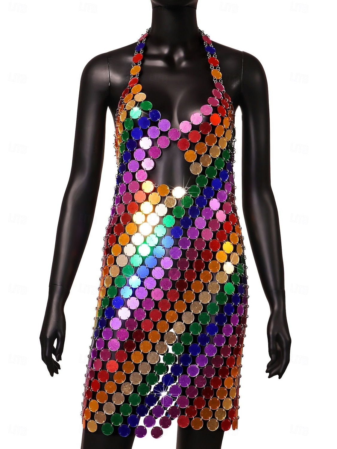 Mini robe - Robe licou à paillettes et disque circulaire pour chanteuse, danseuse, tenue de scène, fête, carnaval de 2025 ? $155.99 –P3