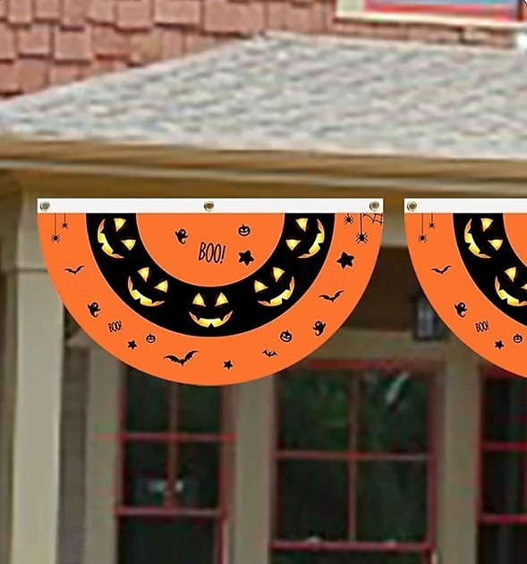 Halloween-waaiervlag, slinger voor buiten, vlag voor buiten, Halloween-tuinhek, hangende griezelige pompoenbanner, vlag voor op tafel, herfstkamerdecoratie, esthetische Halloween-verjaardagsfeestjesdecoratie. 2025 - $4.49 –P3