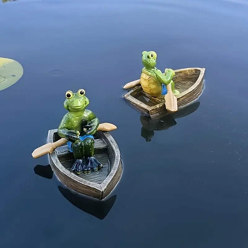 Figurine de grenouille et de tortue en résine dans un canoë, ornement flottant, figurine d'animal flottant réaliste avec des yeux jaunes, cadeaux idéaux pour le jardin, la piscine ou la rivière de 2025 ? $20.99 –P9