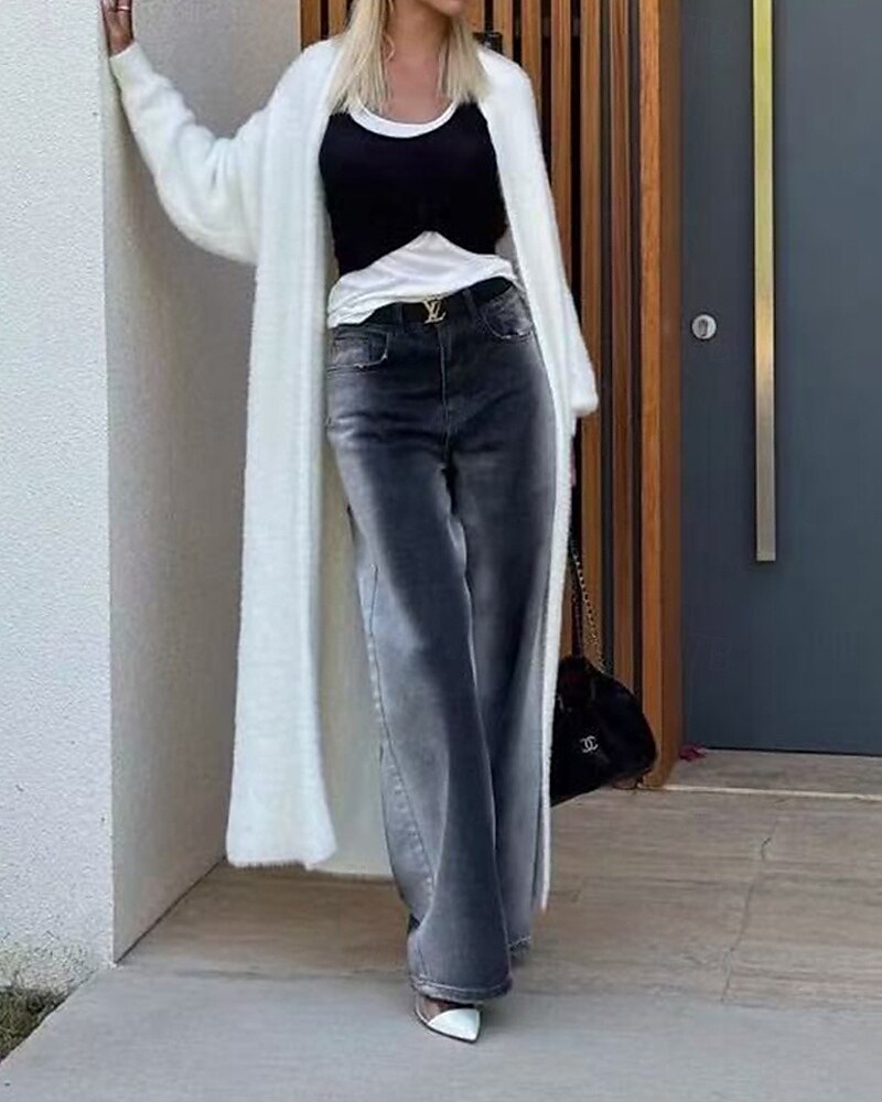 Pentru femei Pulover Bluza Modă Șic Stradă Zilnic Culoare solidă Striat În V Tricotat Manșon Lung Topuri lungi Tricotat Concediu Ieșire Sfârșit de săptămână Alb Toamnă Iarnă 2025 - $25.99 –P1