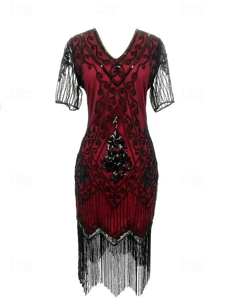 Anni Ruggenti Anni 1920 Lunghezza al ginocchio Vestito Abito Flapper Abito da Ballo Maniche corte Il grande Gatsby Charleston Invitato al matrimonio Paillettes Frangia con nappe Scollo a V Costume del 2026 a $34.99 –P10