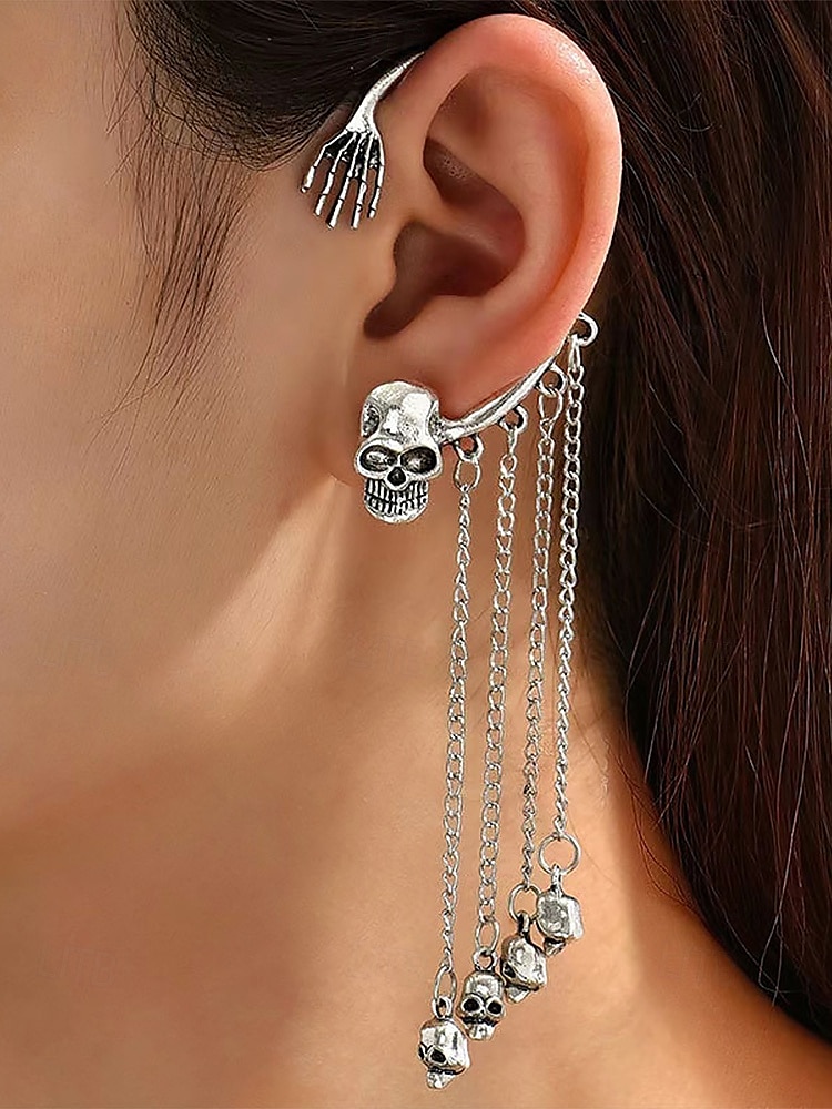 Women's Halloween Skeleton Skull Drop Earrings Set – Gothic Punk Ear Cuffs with Dangling Chains for Costume Party & Cosplay 2025 - $9.99 –P1