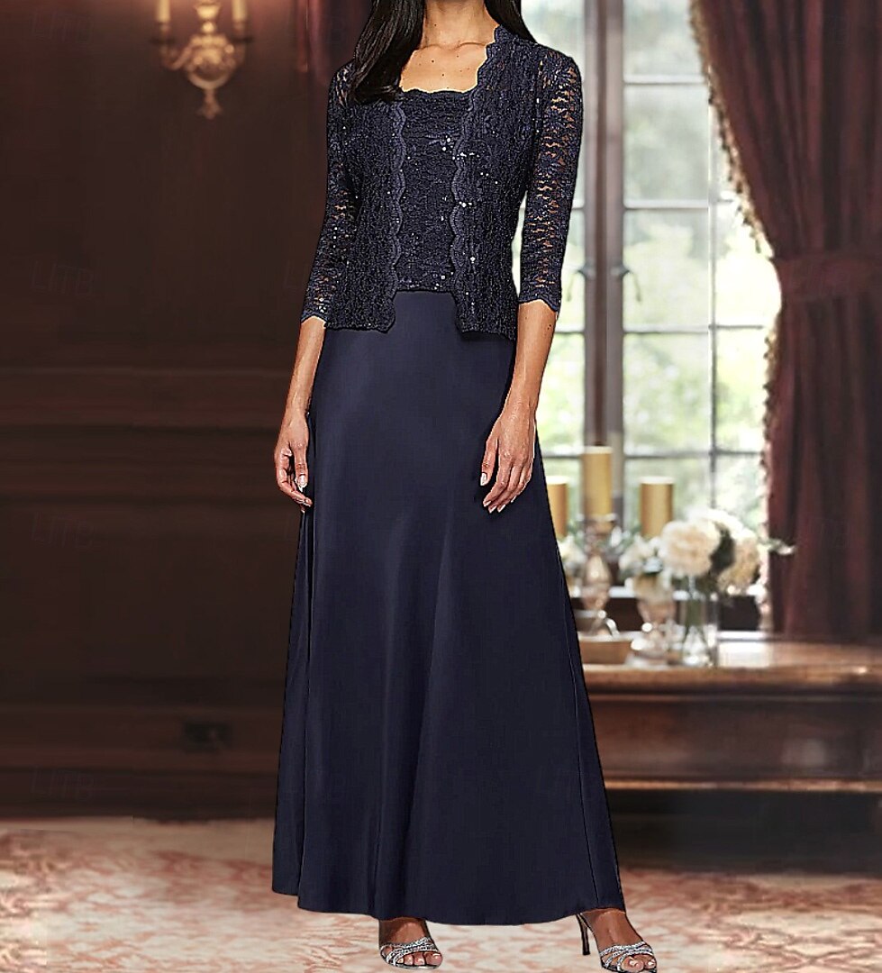 A-Linie Dreiteilig Brautmutterkleid Elegant Einfach luxuriös Quadrathals Bodenlang Satin Spitze Dreiviertelarm mit Spitze Paillette 2025 2025 - $129.99 –P1