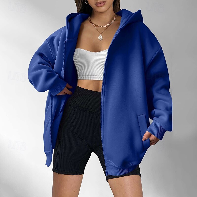 Dames Hoodies met rits Effen Casual Lange mouw Capuchon Normale tops Straat Feestdagen Uitgaan Vetoketju Zak blauw Bruin Licht Grijs Herfst Winter 2025 - $25.99 –P2