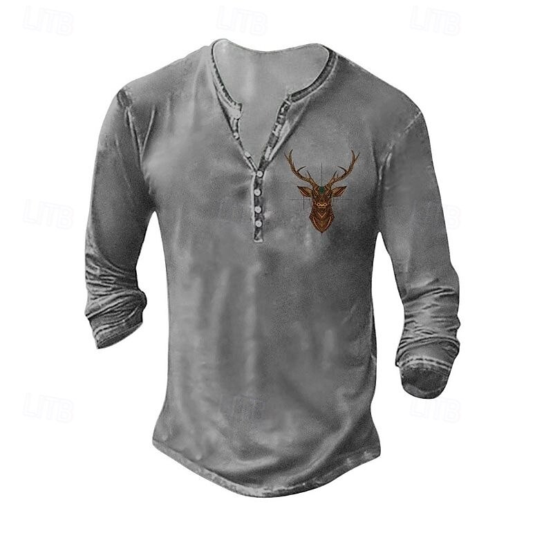 Pánské Tričko Henley Trička Tričko Top Tričko s dlouhým rukávem Dlouhý rukáv Henley Léto Podzim Vzor Jelen Módní Designové Móda Retro Dovolená ulice Jdeme ven Tmavě šedá Černá Bílá Top tričko pro muže 2025 - $19.99 –P4
