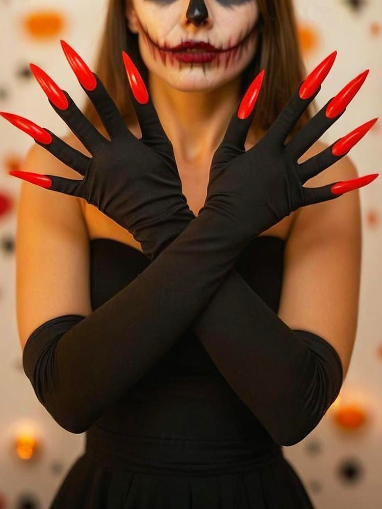 Lange Halloween-Krallenhandschuhe für Damen – Kunstnageldesign, dehnbares Polyester, gruseliges Cosplay-Kostümzubehör für Partys und Veranstaltungen 2025 - $9.99 –P6