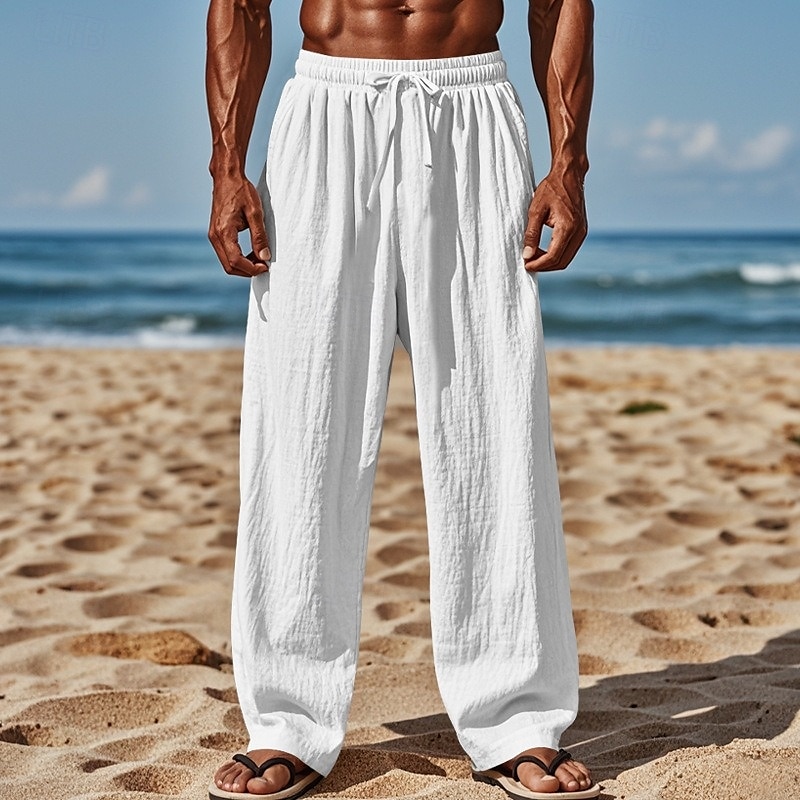 Men's Linen Pants Trousers Summer Pants Baggy Pants Beach Pants Elastic Waist Drawstring Straight Leg Plain Comfort Breathable Full Length Casual Daily Holiday Vacation Fashion White Pink Inelastic 2025 - $20.99 –P2