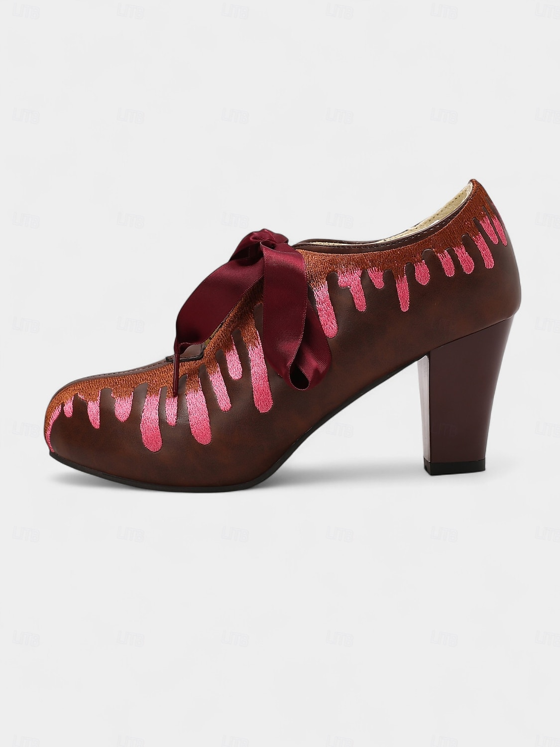 Chaussures à talons marron pour femmes avec broderie goutte rose - Escarpins de fête à lacets vintage avec ruban, parfaits pour le cosplay, les festivals d'automne et les événements costumés de 2025 ? $46.99 –P4