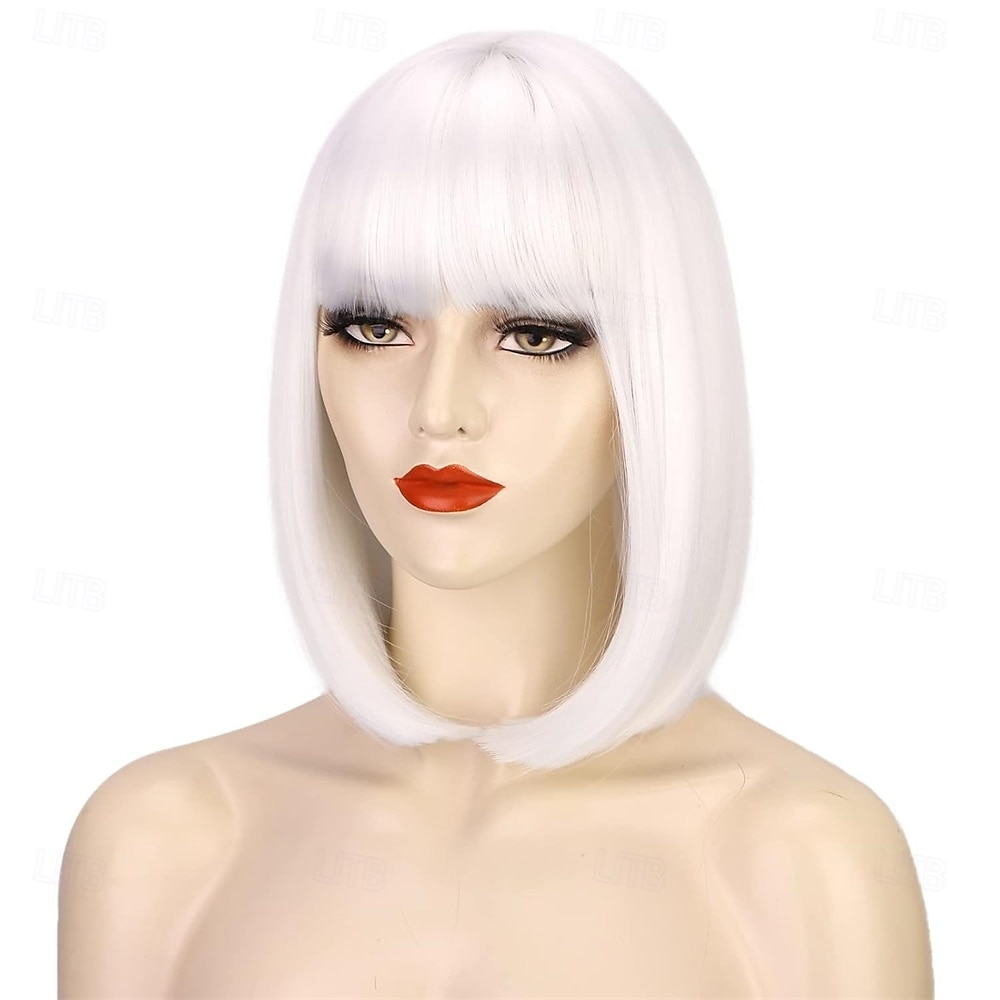 Rovná bílá paruka s ofinou 30 cm krátké bílé bob paruky pro ženy syntetické barevné cosplay párty paruka 2025 - $23.99 –P6