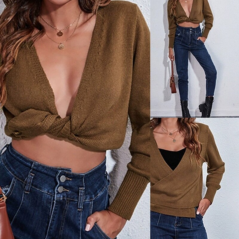 Mujer Pull-over Casual Color sólido Fornido Escote en Pico De Punto Manga Larga Tops regulares Tejer Diario Festivos Noche Marrón Otoño Invierno 2025 - $21.99 –P1