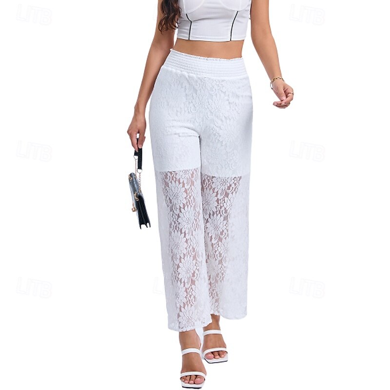 Femmes Jambe large Slacks Streetwear Occasionnel Longueur complète Naturel Uni Dentelle Patchwork Taille Élastique Confortable Fête Sortir Vert translucide Noir Blanche Bleu de minuit Automne Coupe de 2025 ? $16.99 –P12