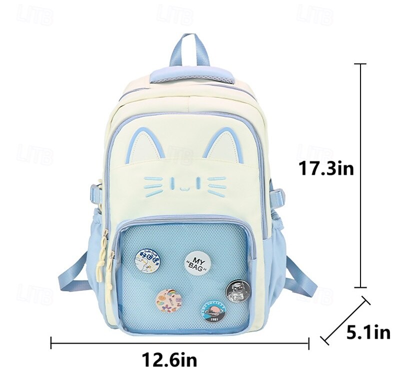 Lányka kawaii macskafül hátizsák – aranyos rózsaszín iskolatáska átlátszó zsebbel és rajzfilmfigura kitűzőkkel tinédzsereknek és gyerekeknek 2025 - $32.99 –P2