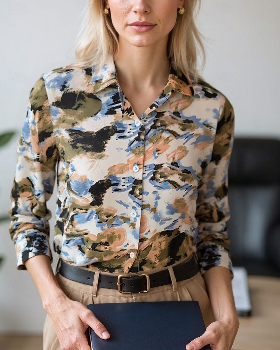 Women's Blouse Dressy Tops Chiffon Tops Graphic Color Block Elegant Daily Stylish Long Sleeve Shirt Collar Regular Tops Work Daily Buttons Print Yellow Wine Green Beige Gray Spring, Fall, Winter 2025 - $24.99 –P3