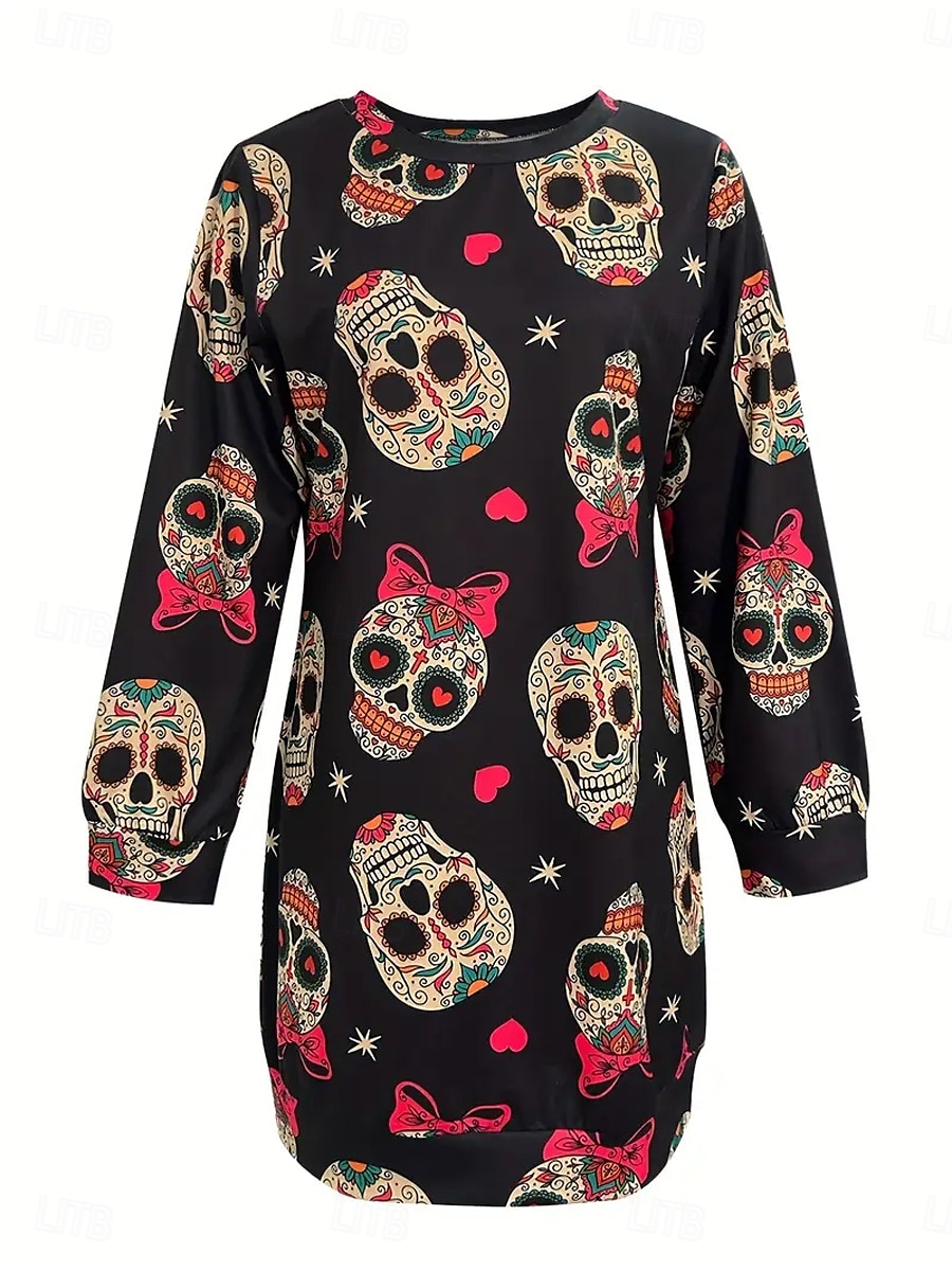 Halloween Women's Mini Dress Shift Dress Casual Holiday Going out Regular Fit Graphic Skull Long Sleeve Crew Neck Black Spring Fall Winter 2025 - $26.99 –P3