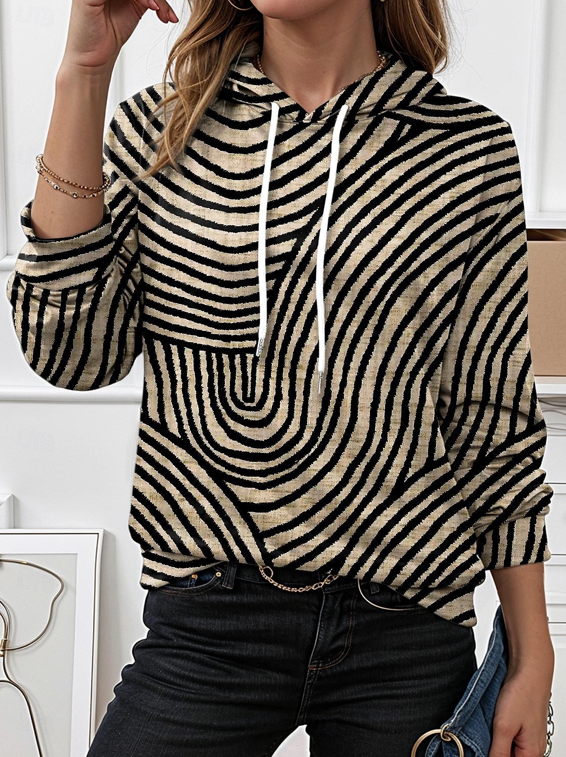 Dames Trui met capuchon Sweatshirt Grafisch Geometrisch Gestreept Elegant Warm Actief Lange mouw Capuchon Normale tops Straat Dagelijks gebruik Casual Afdrukken Bruin Lente Herfst Winter 2025 - $24.99 –P1