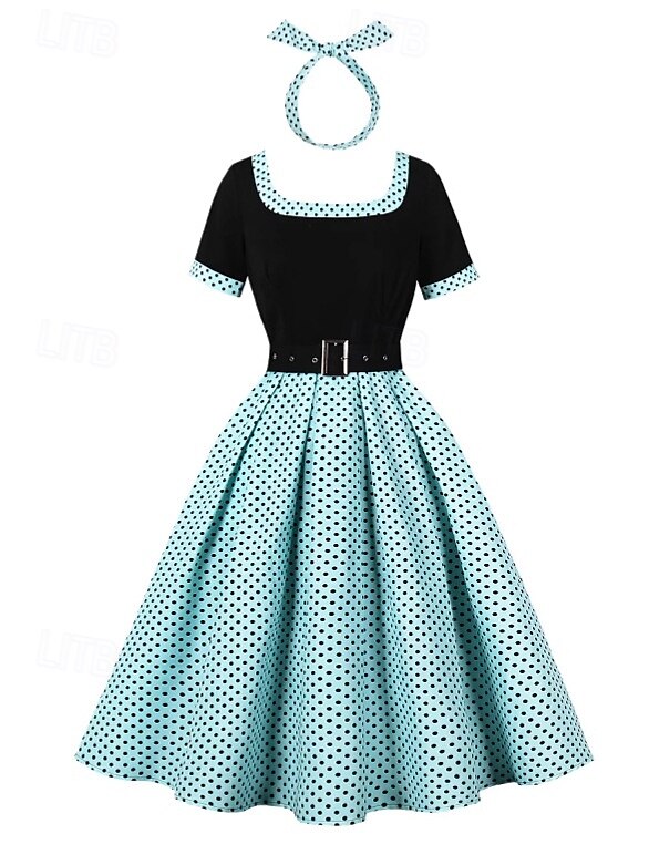 Retro 50. léta Rockabilly Polední Houpací šaty Flare šaty S páskem S kapsami Puntíky Dámské Plesová maškaráda Dovolená Ležérní Retro tematická párty Dospělé Šaty Čelenka Jaro léto 2025 - $34.99 –P13