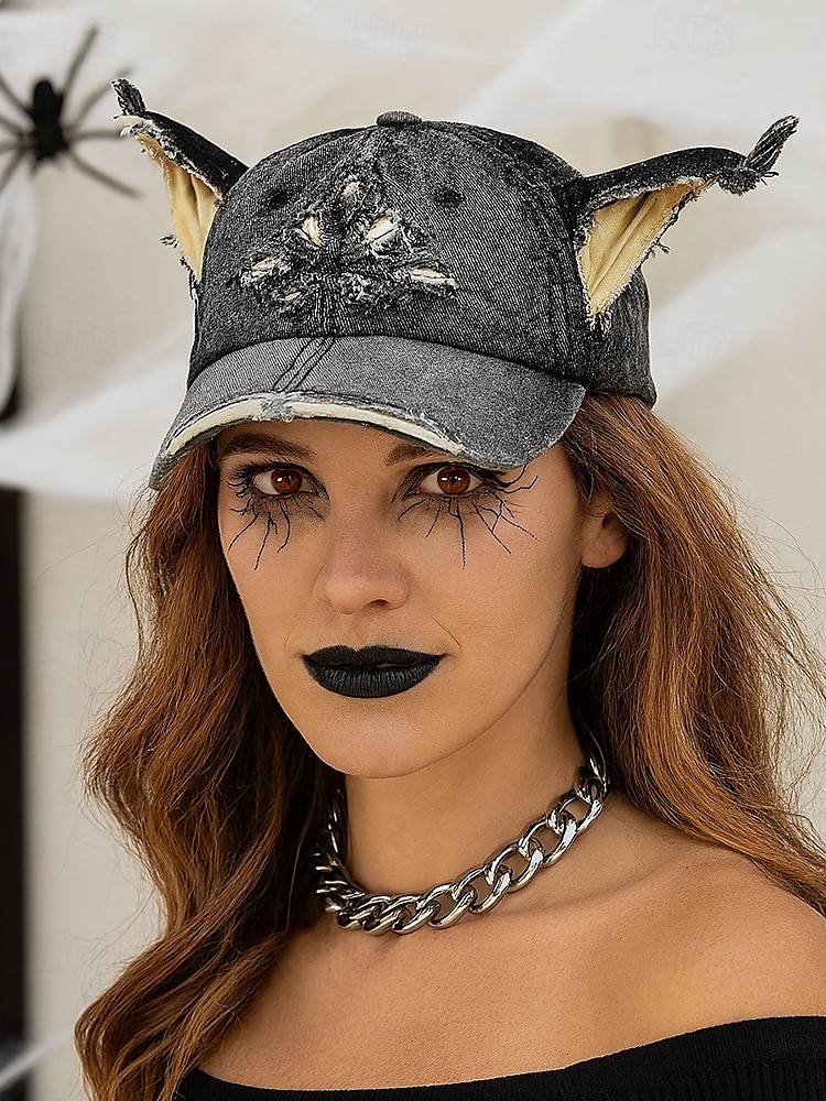 Gorra de béisbol vaquera desgastada para mujer con orejas de gato: sombrero vintage para disfraz de Halloween, estilo lindo y vanguardista para fiestas, cosplay y festivales. 2025 - $24.99 –P1