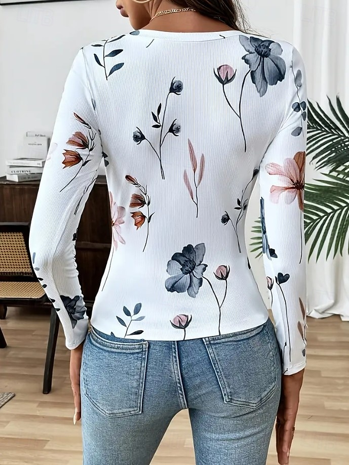 Per donna Maglietta Floreale Grafico Piante Moda Classico Casual Manica Lunga Collo quadrato Top Regolari Quotidiano Stampato Bianco Primavera Autunno del 2025 a $24.99 –P5