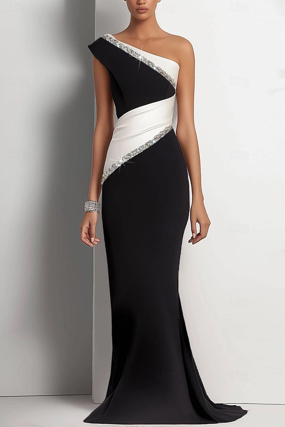 Rochie de seară elegantă, tip sirenă, alb-negru, de mireasă, formală, lungime până la podea, fără mâneci, model crepe elastic pe un umăr, cu sclipici, încrețit, 2025 2025 - $147.99 –P1