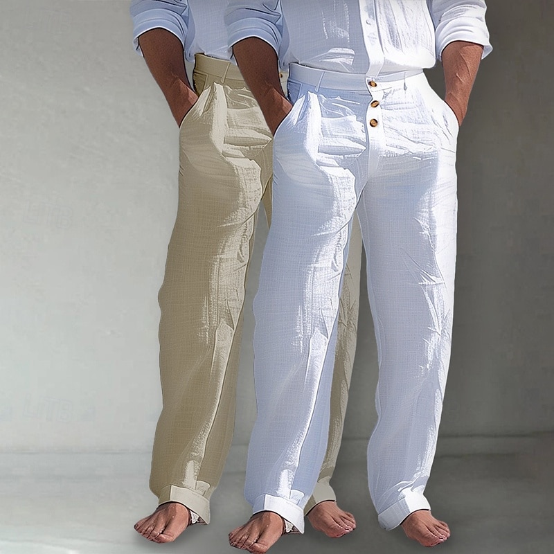 2026年 男性用 リネンパンツ ズボン サマーパンツ ビーチパンツ フロントポケット まっすぐな足 マルチパック 平織り 履き心地よい 高通気性 全長 アウトドア ビジネス 日常 旅行度假风 ファッション ホワイト+カーキ カーキ+ブラック 伸縮性なし  コレクション – $35.99 –P11