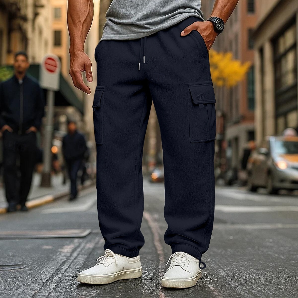 Herren Fleecehose Jogginghose Hose Cargo-Jogginghose Elastischer Bund Kordelzug Mehrere Taschen Einfarbig Winddicht Außenbereich Volle Länge Lässig Täglich Urlaub Mode Schwarz Weiß 2025 - $22.99 –P7
