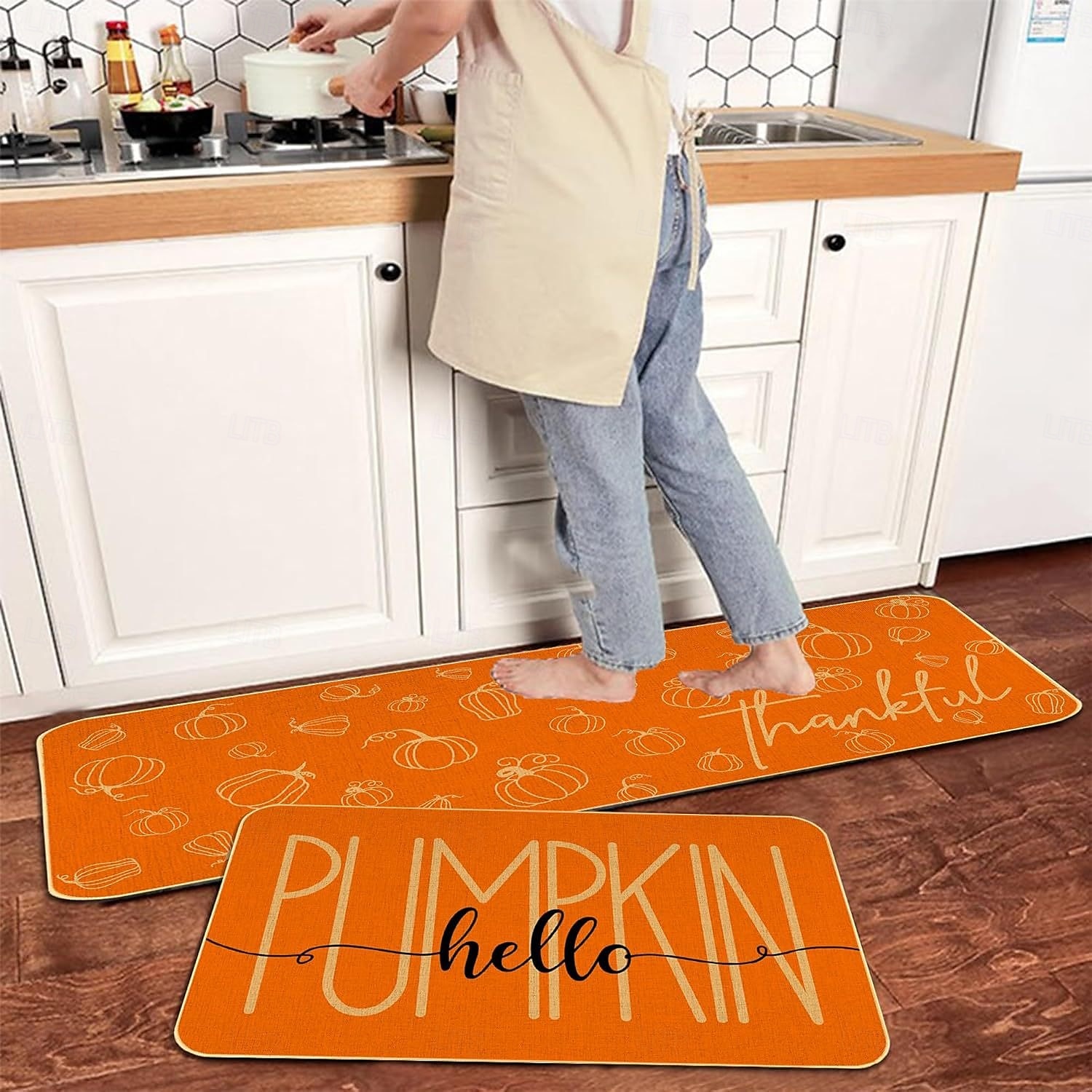 Höstens pumpa linnemattor set - absorberande, oljebeständigt kök &Dörrmattor för entrén, set med 2 delar 2025 - $45.99 –P8