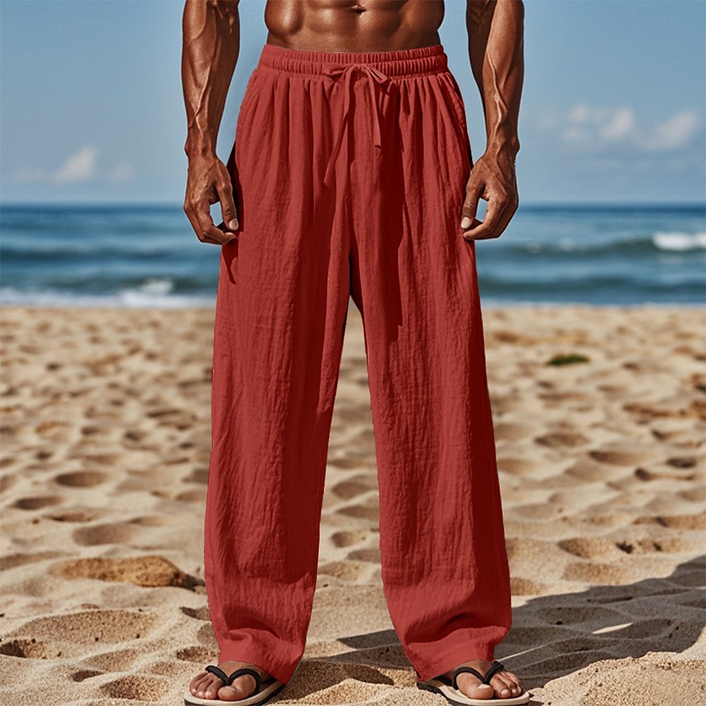 Men's Linen Pants Trousers Summer Pants Baggy Pants Beach Pants Elastic Waist Drawstring Straight Leg Plain Comfort Breathable Full Length Casual Daily Holiday Vacation Fashion White Pink Inelastic 2025 - $20.99 –P5
