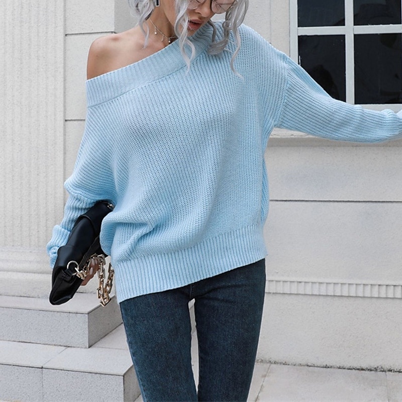 Damen Pullover Lässig Einfarbig Grobstrick Schulterfrei Gestrickt Langarm Normale Oberteile Stricken Täglich Ferien Ausgehen Schwarz Blau Herbst Winter 2025 - SGD S$35.94 –P3