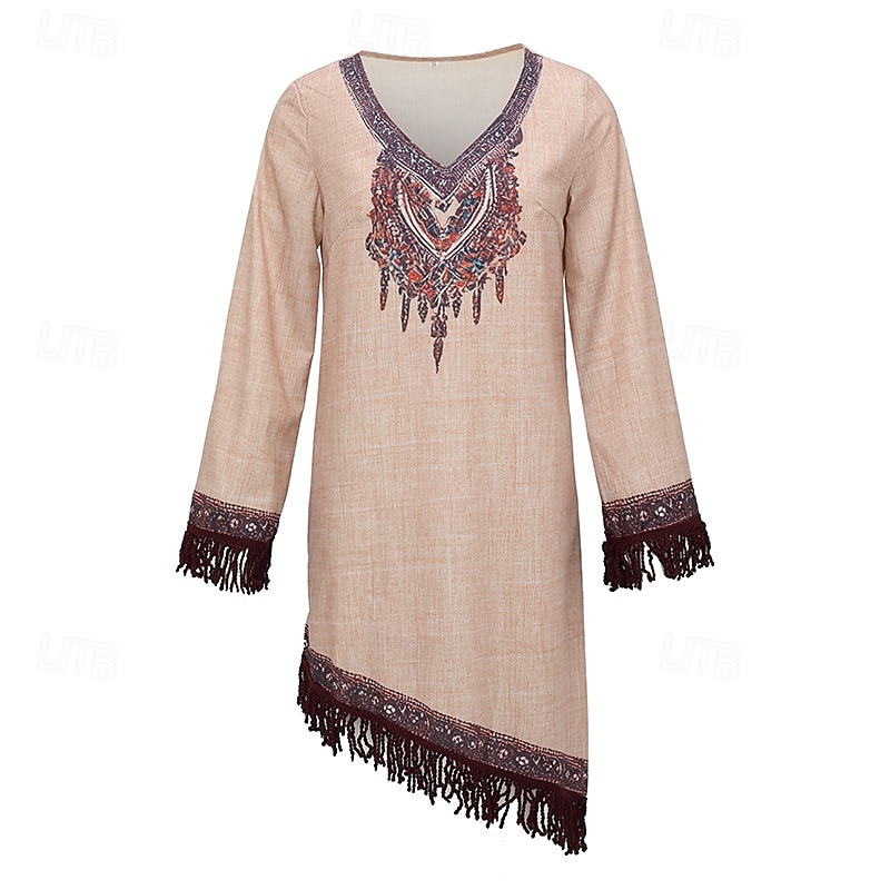 Dámské Midi šaty Boho šaty Šaty s potiskem Westernové šaty Módní Moderní Venkovní Dovolená Běžný Květiny Dlouhý rukáv Do V Khaki Léto 2025 - $23.99 –P4