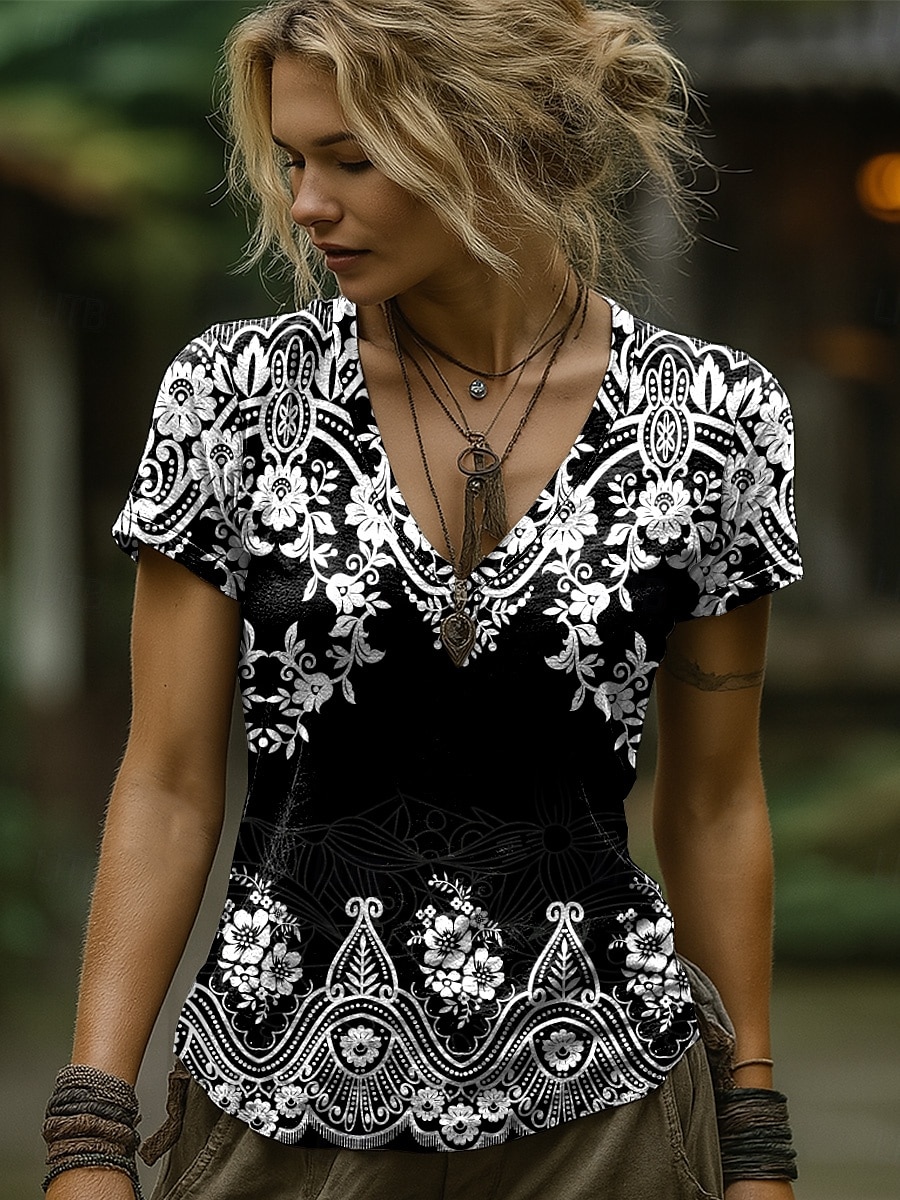 Femmes T-shirt Fleuri Graphique Paisley Bohème ancien Élégant Manche Courte Col en V Hauts Réguliers Quotidien Sortir Week-end Imprimé Noir Rouge Bleu Orange Gris Été Printemps de 2025 ? $21.99 –P5